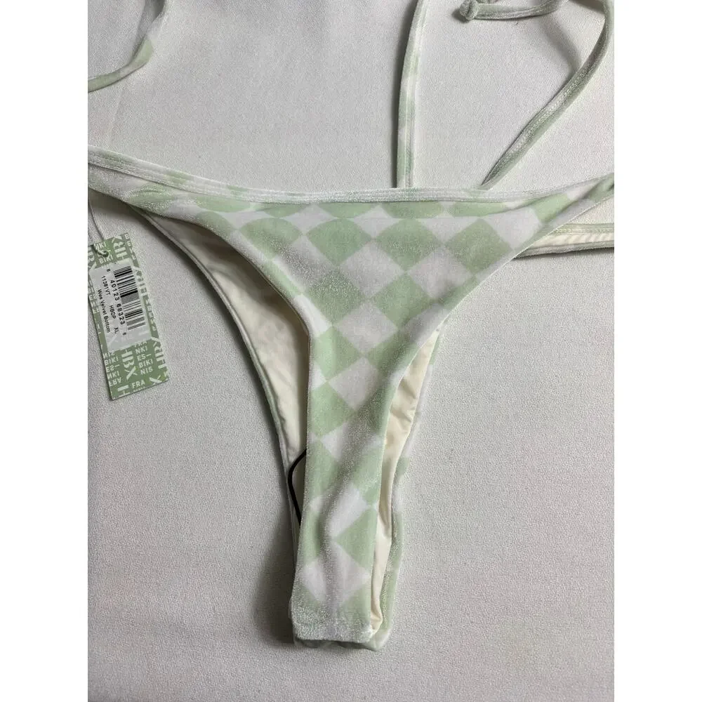 Frankie's Bikinis Tatum Triangle Velvet Bikini Set Green and White Size XL NWT